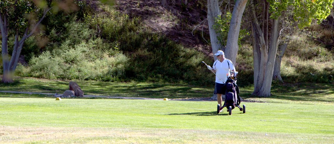 Image of man walking on the golf course with a set of clubs next to him.